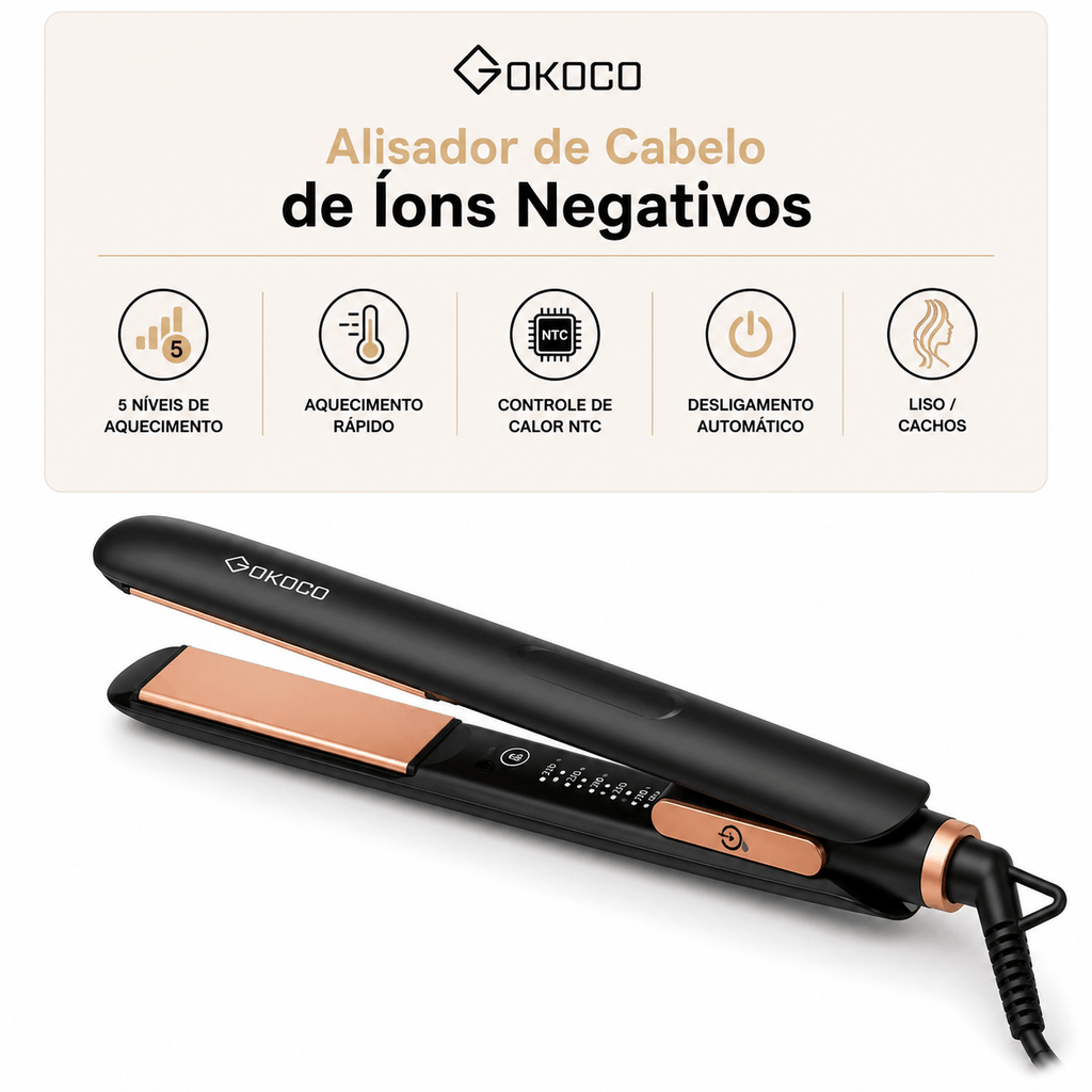 GOKOCO Alisador de Cabelo com Íons Negativos e Controle de Temperatura