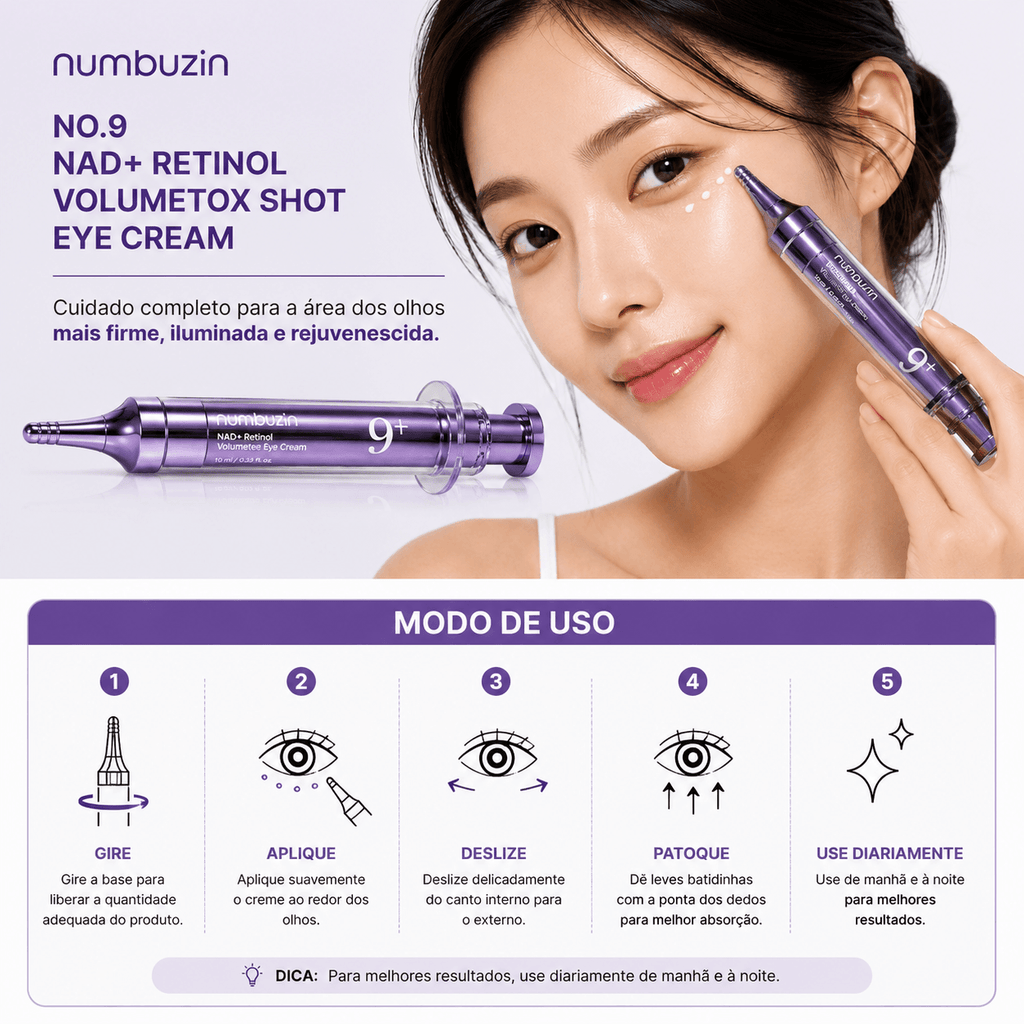 NUMBUZIN No.9 NAD+ Retinol Volumetox Shot Creme para Área dos Olhos – Firmeza, Hidratação e Linhas Finas