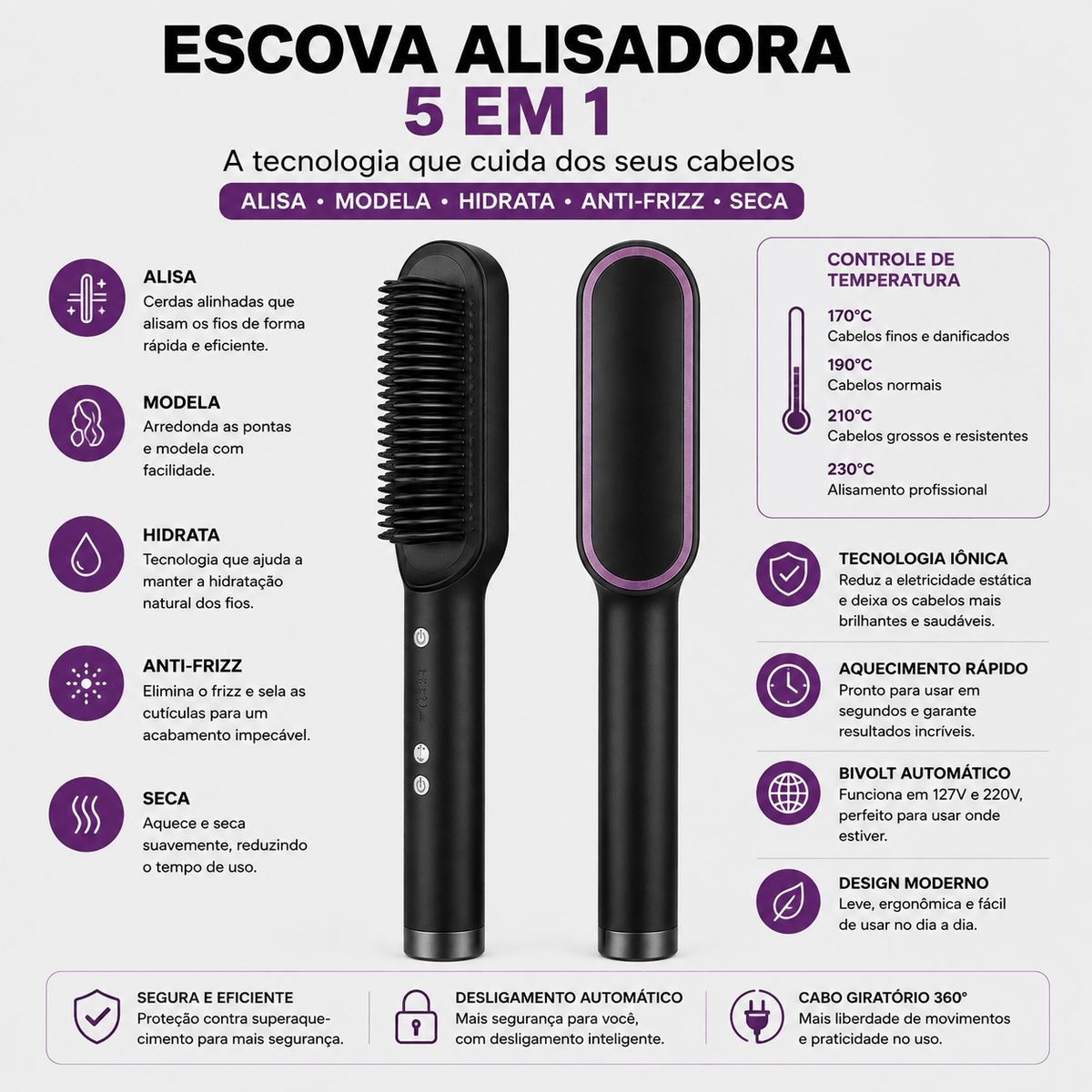 Escova Alisadora Bivolt 5 em 1 – Alisa, Modela, Hidrata e Remove o Frizz em Minutos