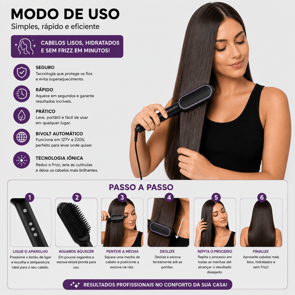 Escova Alisadora Bivolt 5 em 1 – Alisa, Modela, Hidrata e Remove o Frizz em Minutos
