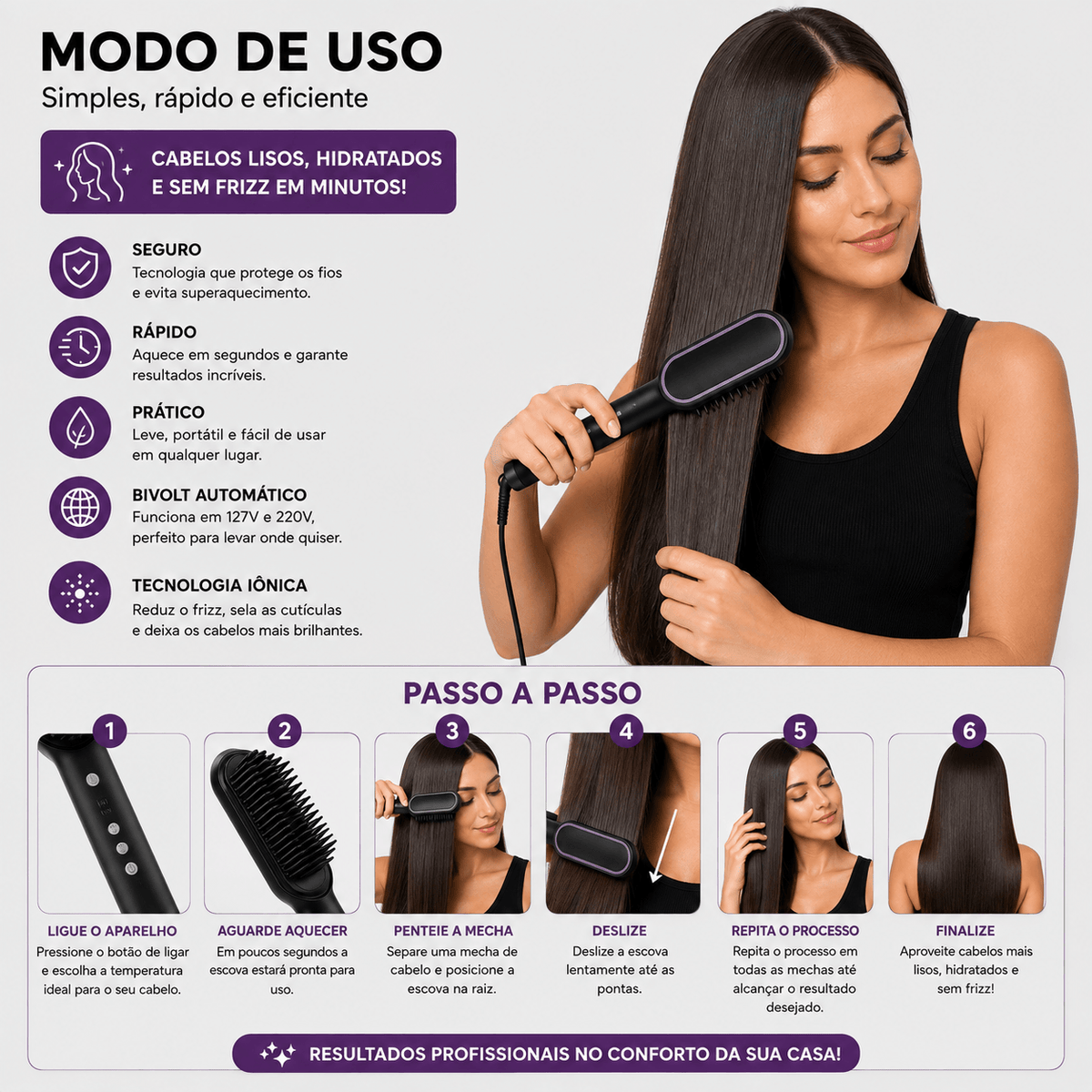 Escova Alisadora Bivolt 5 em 1 – Alisa, Modela, Hidrata e Remove o Frizz em Minutos