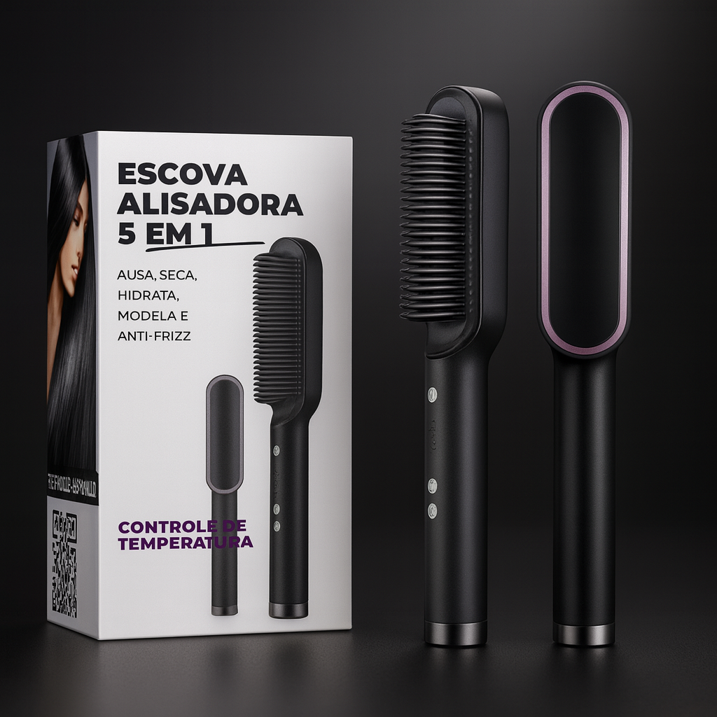 Escova Alisadora Bivolt 5 em 1 – Alisa, Modela, Hidrata e Remove o Frizz em Minutos