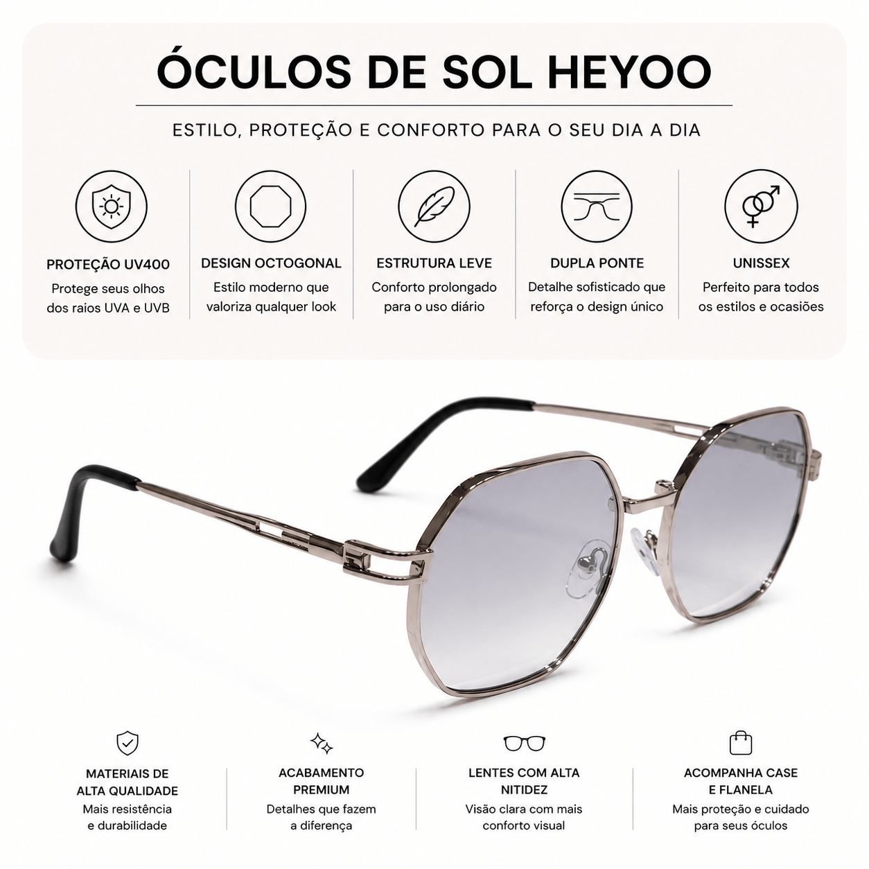 Óculos de Sol Octogonal UV400 Vintage Unissex em Metal