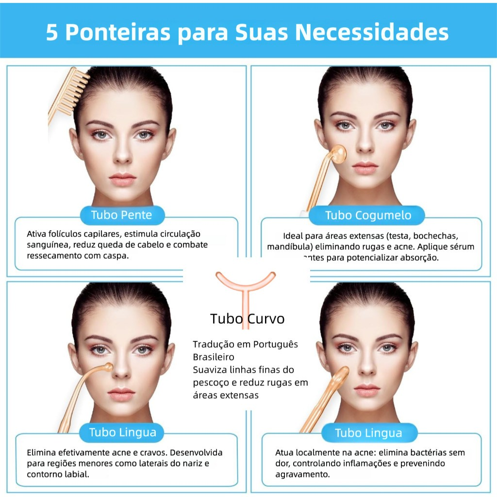 Aparelho Alta Frequência Portátil Ozônio Tratamento de Pele Facial e Capilar Removedor de Acne Cravos 4 ou 5 Eletrodos