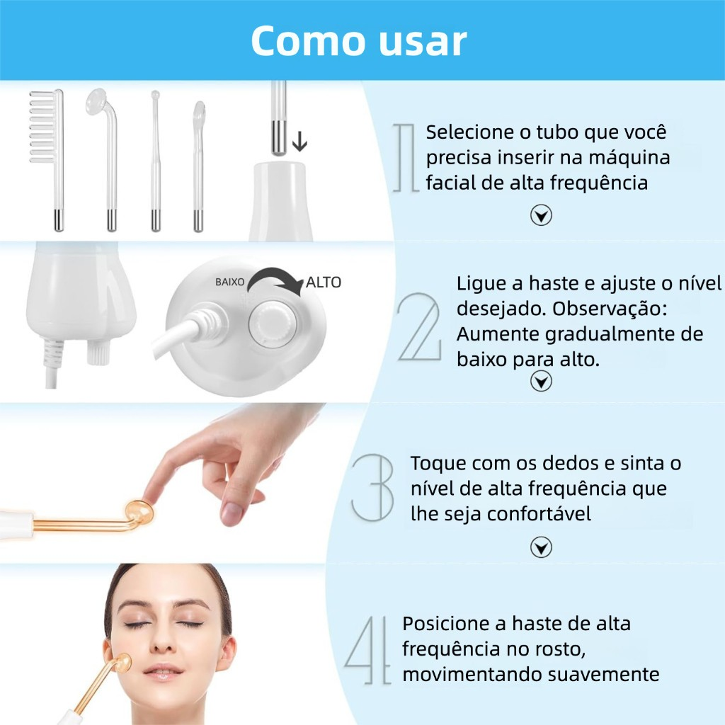 Aparelho Alta Frequência Portátil Ozônio Tratamento de Pele Facial e Capilar Removedor de Acne Cravos 4 ou 5 Eletrodos