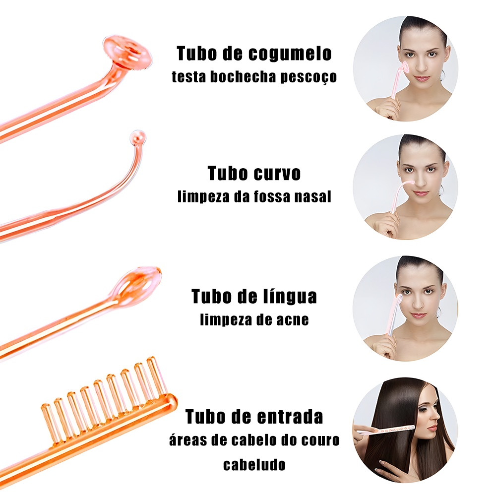 Aparelho Alta Frequência Portátil Ozônio Tratamento de Pele Facial e Capilar Removedor de Acne Cravos 4 ou 5 Eletrodos